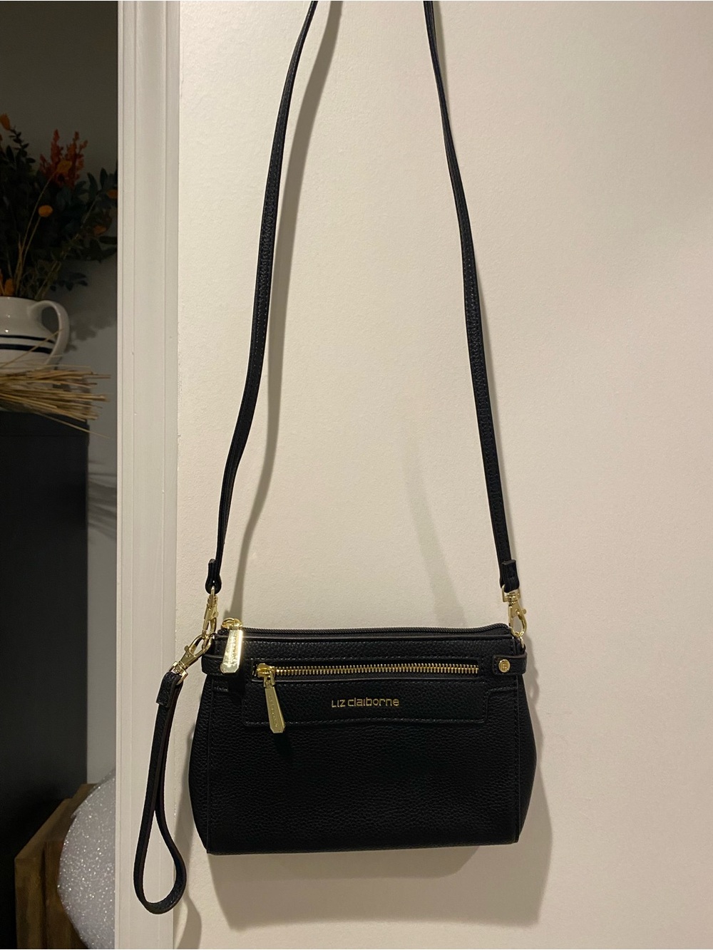 Liz Claiborne Black Crossbody / Wristlet with Gold Hardware